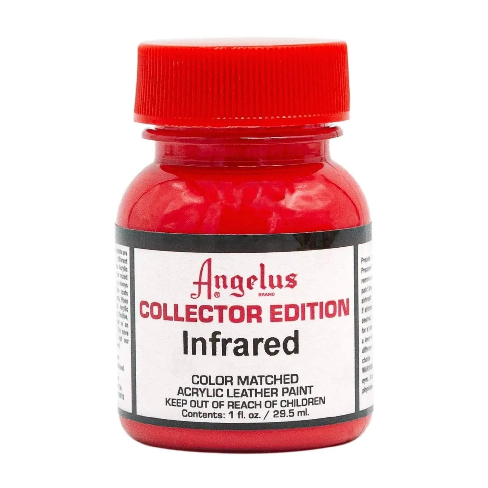 Technical view of a bottle of Angelus Infrared Collector Edition Acrylic Leather Paint with professional gold labeling.