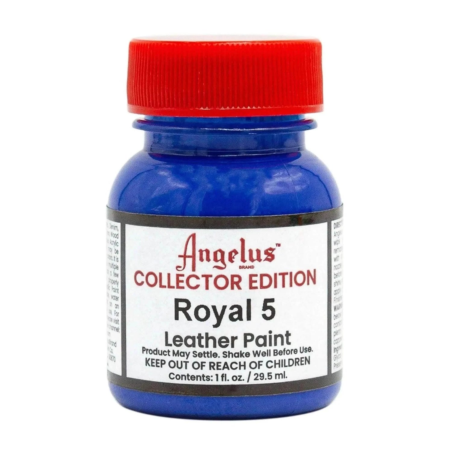Technical view of a bottle of Angelus Royal Collector Edition Acrylic Leather Paint with professional gold labeling.