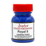 Technical view of a bottle of Angelus Royal Collector Edition Acrylic Leather Paint with professional gold labeling.