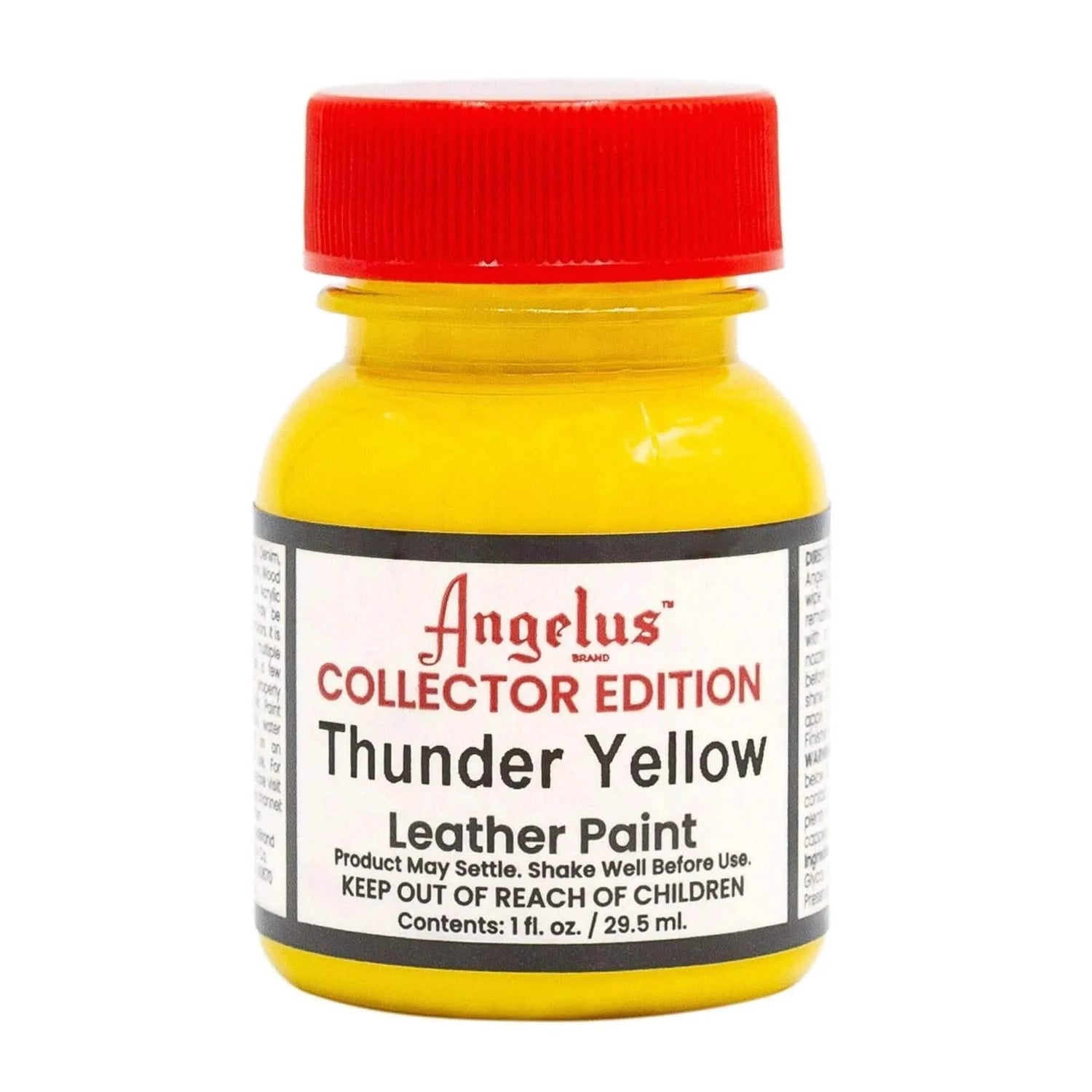 Technical view of a bottle of Angelus Thunder Yellow Collector Edition Acrylic Leather Paint with professional gold labeling.