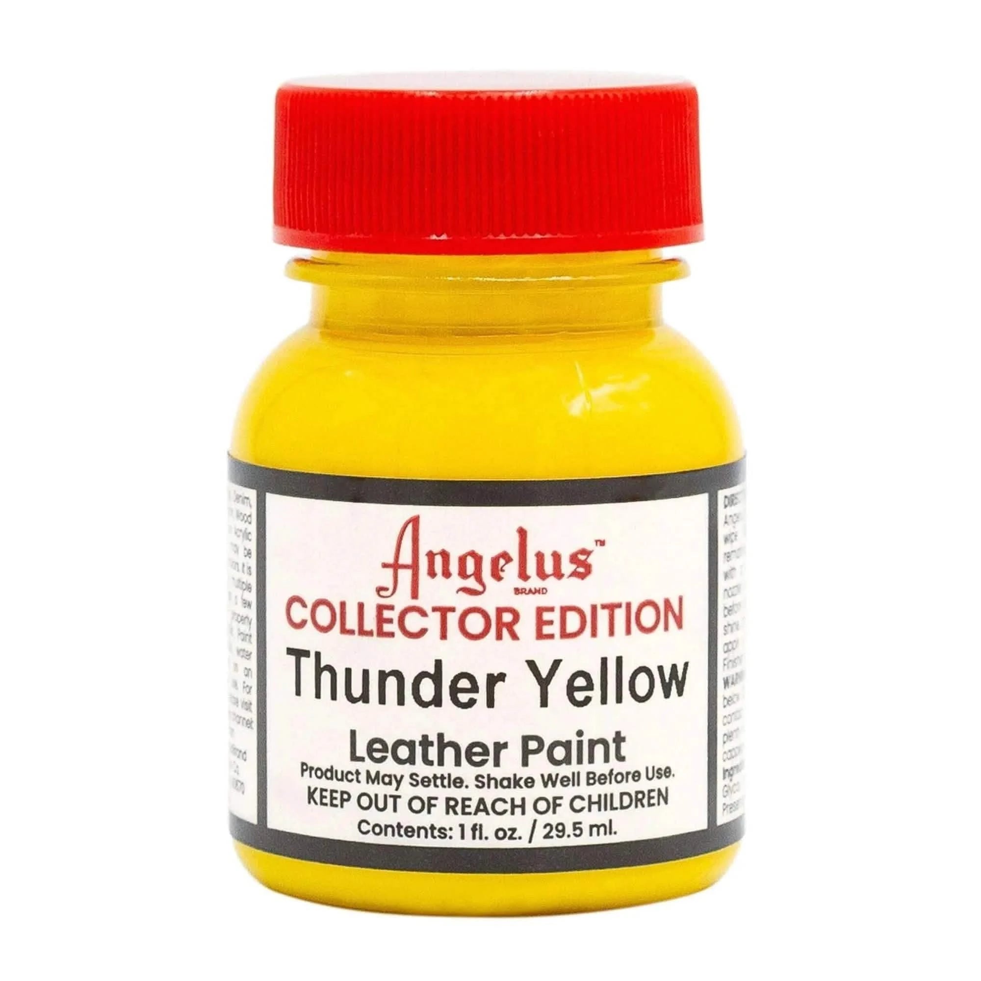 Technical view of a bottle of Angelus Thunder Yellow Collector Edition Acrylic Leather Paint with professional gold labeling.