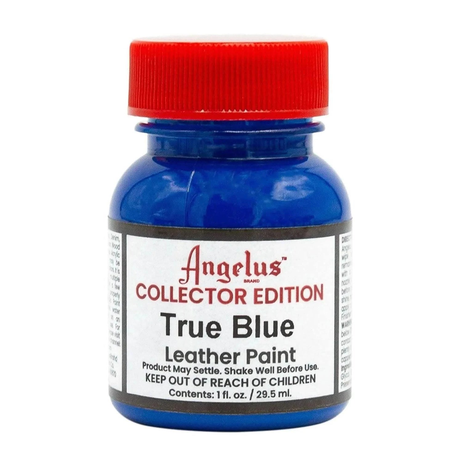Technical view of a bottle of Angelus True Blue Collector Edition Acrylic Leather Paint with professional gold labeling.