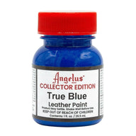 Technical view of a bottle of Angelus True Blue Collector Edition Acrylic Leather Paint with professional gold labeling.