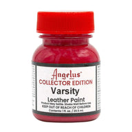 Technical view of a bottle of Angelus Collector Edition Varsity Acrylic Leather Paint with professional gold labeling.