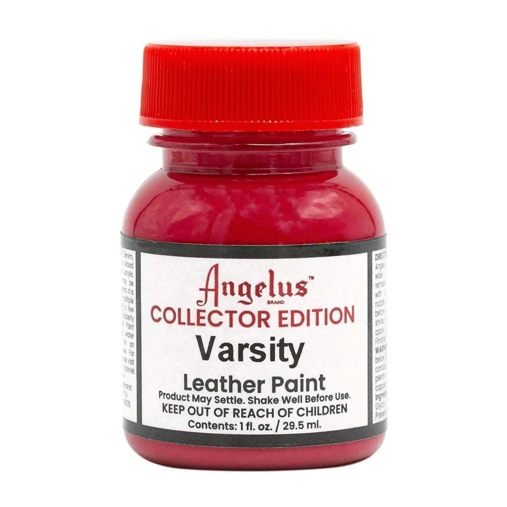 Technical view of a bottle of Angelus Collector Edition Varsity Acrylic Leather Paint with professional gold labeling.