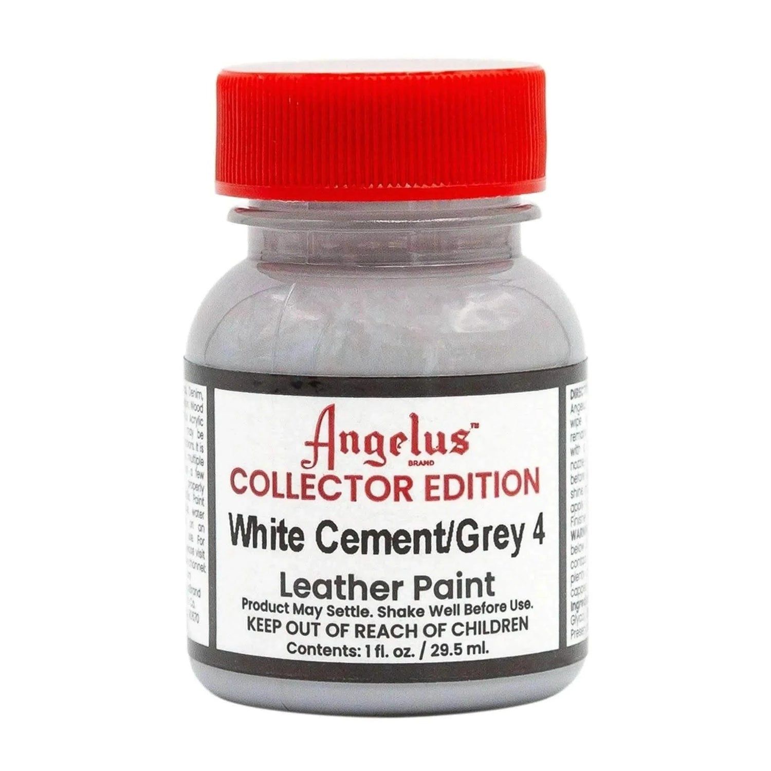 Technical view of a bottle of Angelus White Cement Collector Edition Acrylic Leather Paint with professional gold labeling.