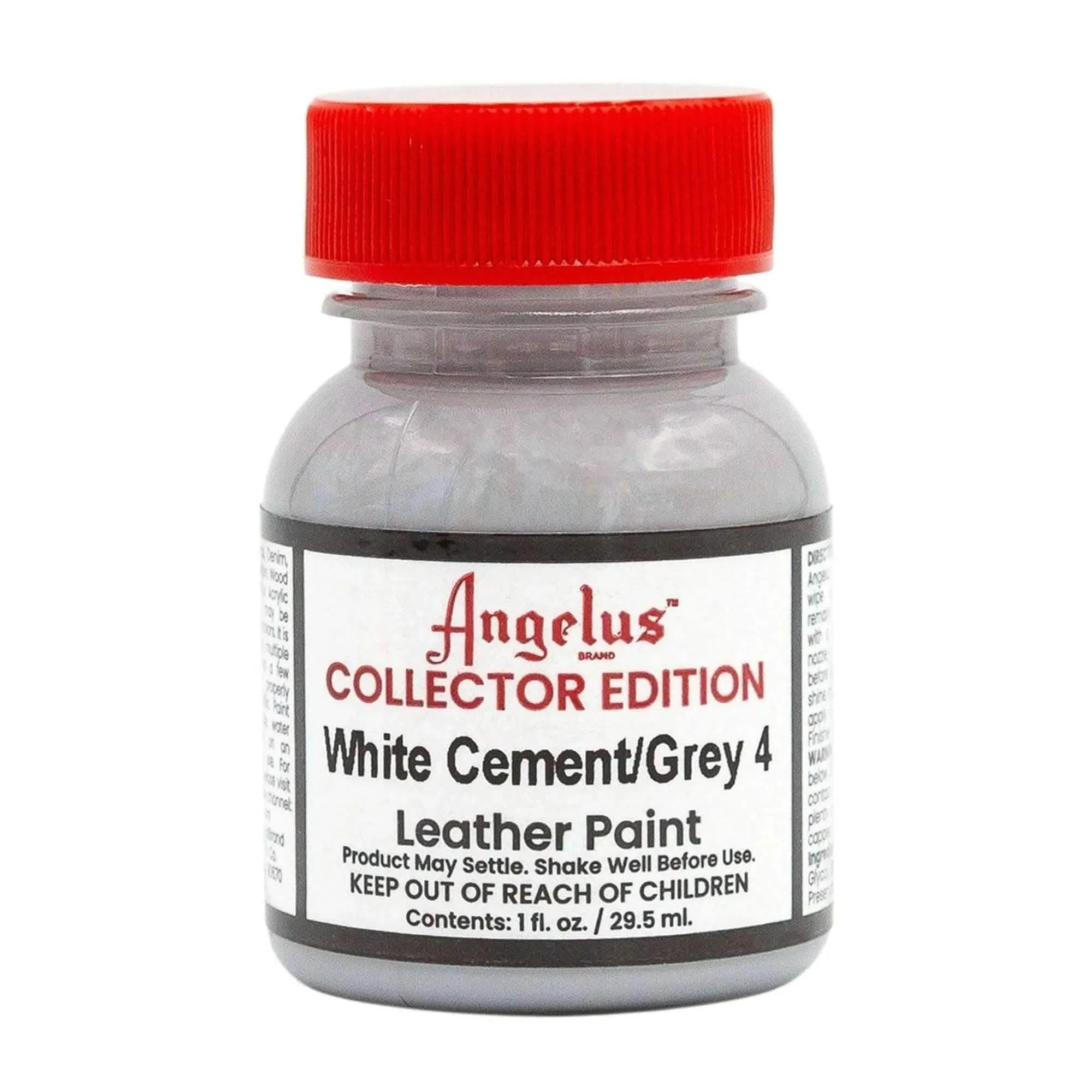 Technical view of a bottle of Angelus White Cement Collector Edition Acrylic Leather Paint with professional gold labeling.