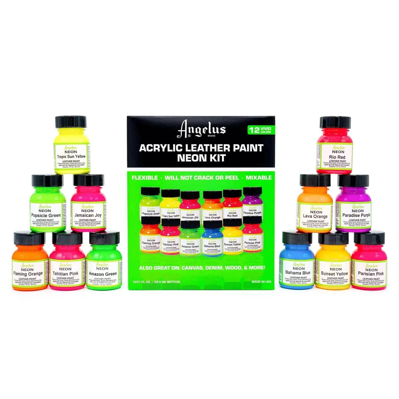 Technical view of the Angelus Neon Color Kit featuring twelve 1 oz. bottles of vibrant fluorescent acrylic leather paint.