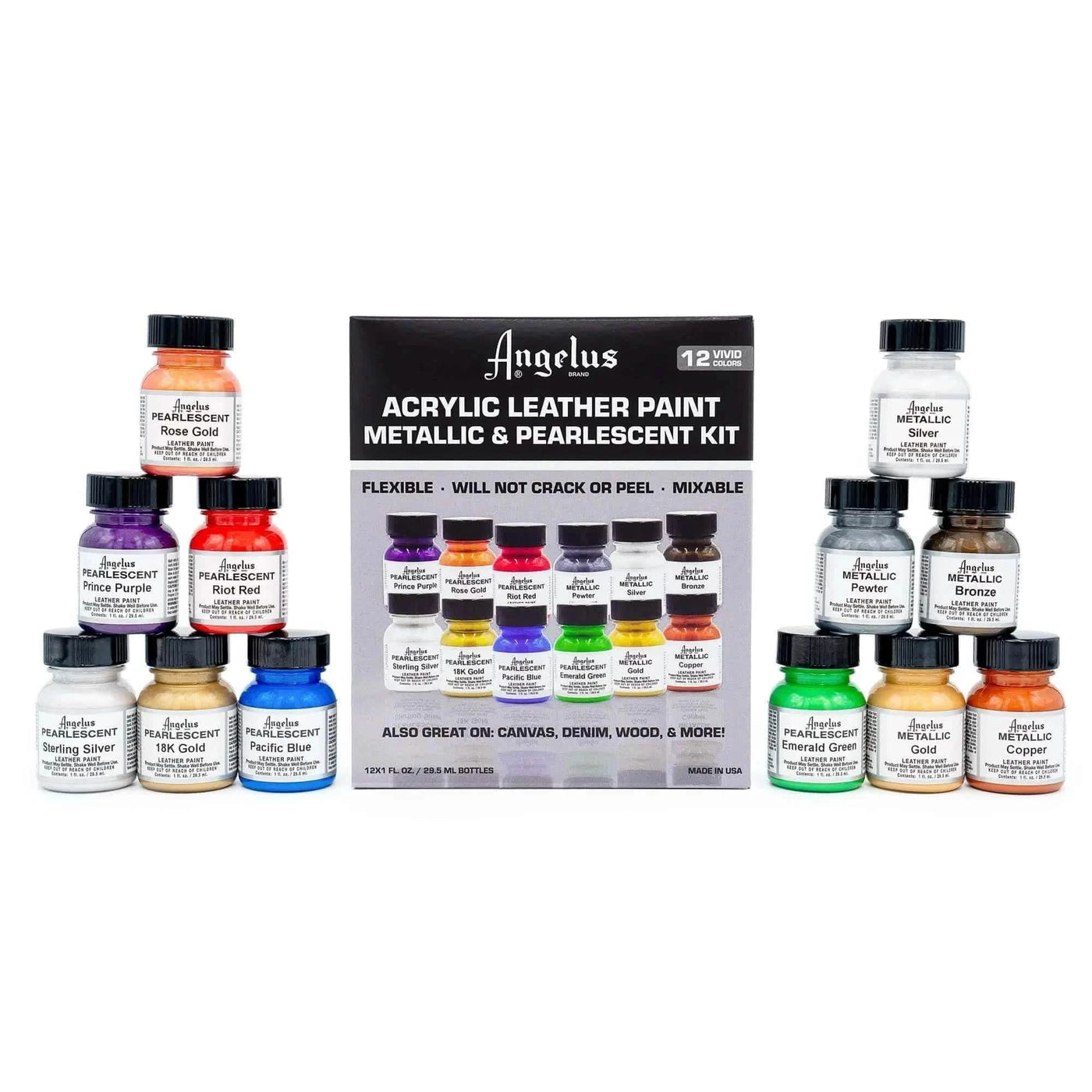 Technical view of the Angelus Pearlescent and Metallic Paint Kit featuring twelve 1 oz. bottles of specialty acrylic leather paint.