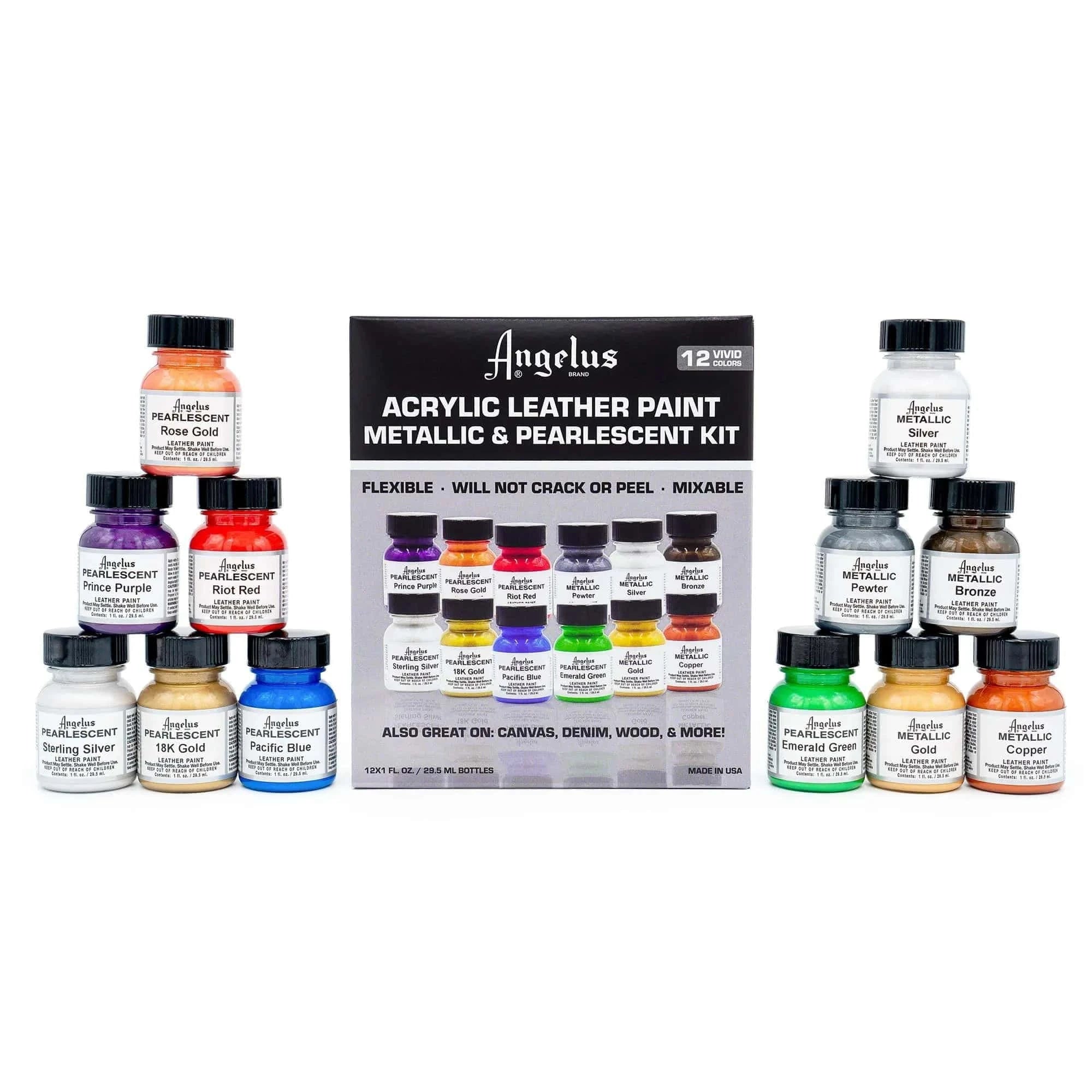 Pearlescent and Metallic Paint Kit - 12 Colors - Angelus Direct