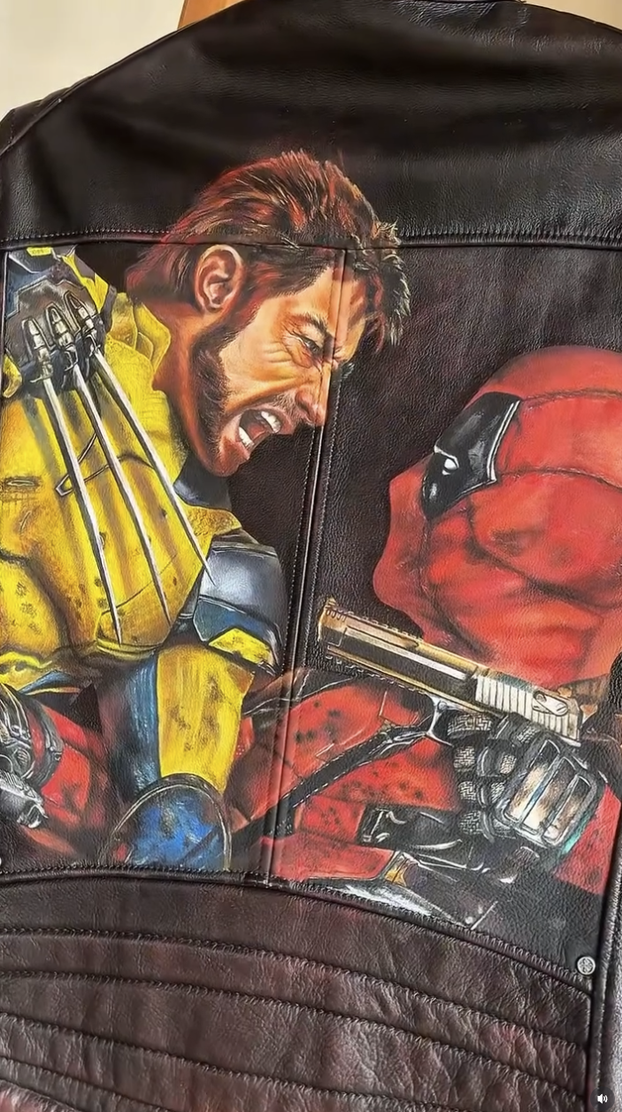 Finished custom Deadpool and Wolverine Marvel leather jacket artwork by @shoesheep_art