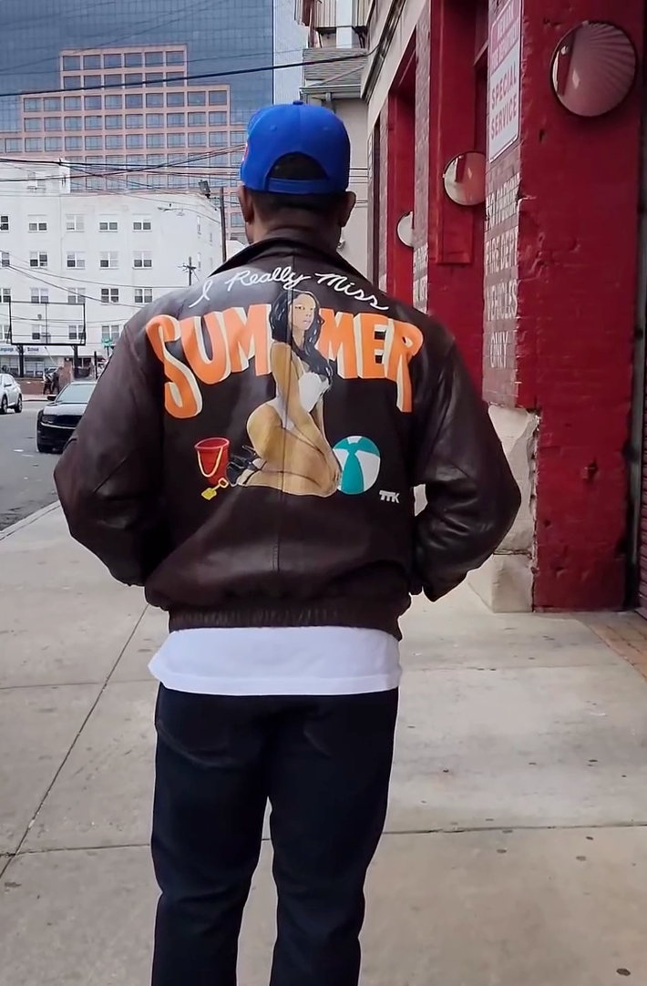 Finished custom painted Christian Dior leather jacket with colorful summer theme by artist TTK